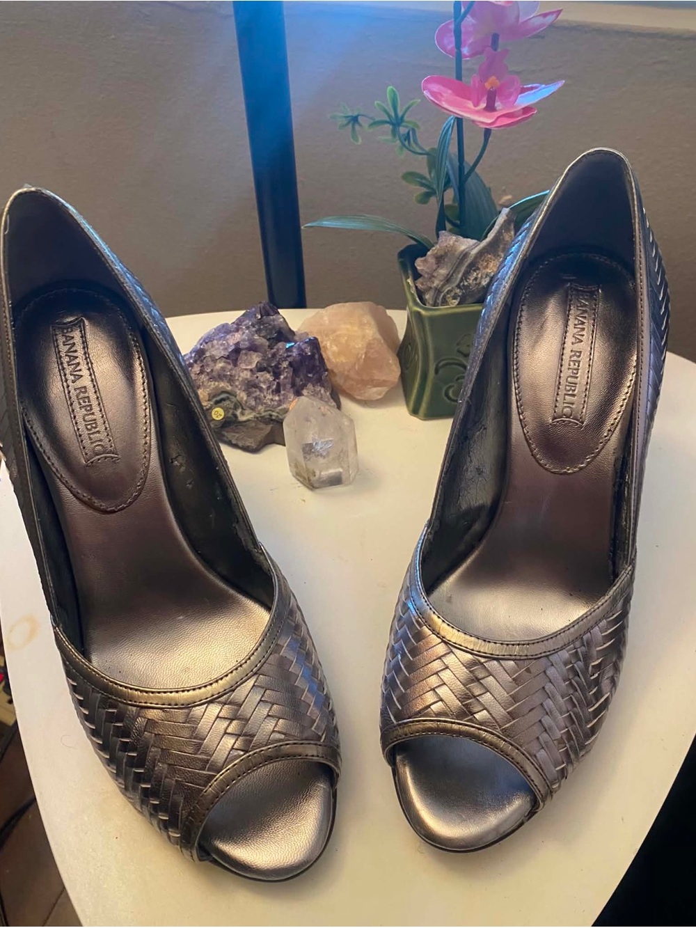 Banana Republic Metallic Pewter Woven Peep-Toe Heels